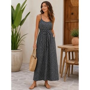 Evereve Jules Maxi Dress XL Black White Print Elastic Waist Sleeveless